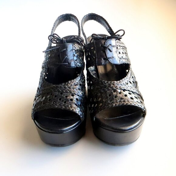 Stephane Kelian Black Leather Platform Wedge Heel Lace Up Sandals / Summer Shoes - Picture 6 of 16